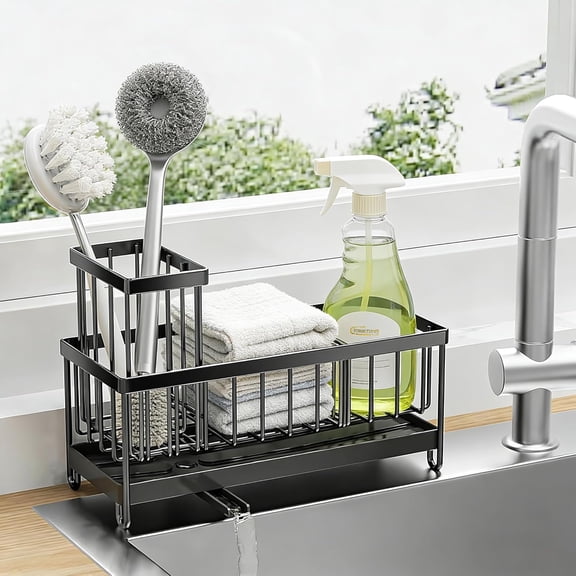 Kitchen Sink Organizer , No Drill 304 Stainless Stee, Sink Caddy, Rustproof Draining Rack for Sponge, Scrub Brush & Dish Soap , Under Cabinet Black Storage Holder