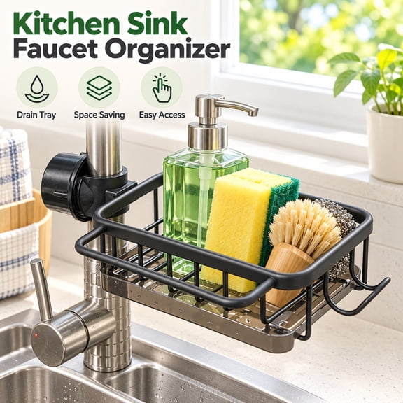 Kitchen Sink Organizer Faucet Sponge Holder, Adjustable Mount Rack with Drip Tray, Soap Brush Scrubber Storage Shelf for Round Tap, Quick Drying Drainage Caddy, Bath Utility Space Saver