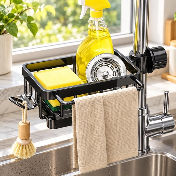 Kitchen Sink Organizer Rack, Adjustable Aluminum Faucet Organizer with Drip Tray for Sink Side Storage