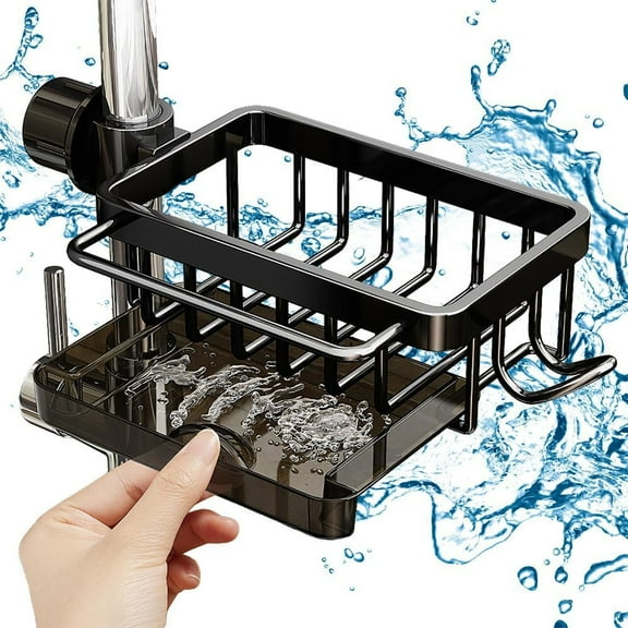 Kitchen Sink Organizer Rack | Space Aluminum Faucet Storage Rack | Quick-Drying, Drip Tray, Hook Holder | No-Drill, Tool-Free Installation | Hollow Design | Multipurpose Bathroom or Kitchen Storage