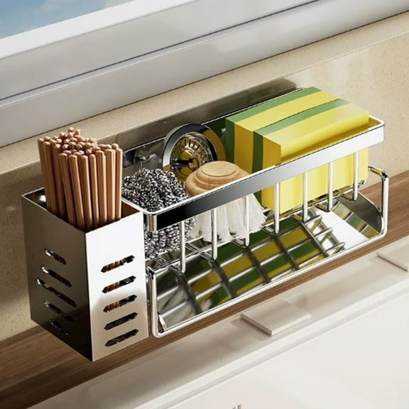 Kitchen Sink Organizer Rack | Stainless Steel No-Drill Storage Shelf | Sponge Soap Brush Holder | Towel Rod | Drainage System | Removable Cutlery Cup | 27.8x8x11cm | Silver | 1 Pack