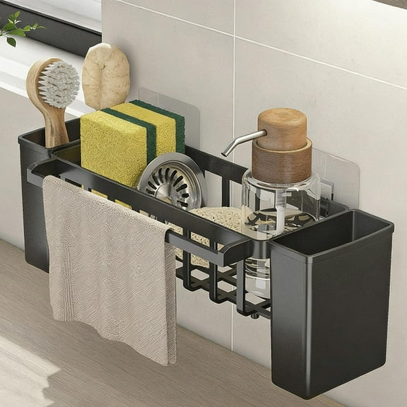 Kitchen Sink Organizer - Sponge Caddy with Auto Draining Tray for Soap Brushes Towels Keeps Counter Clean, 12.4 x 4.5 x 4.1 in, (Black), JASKFLY