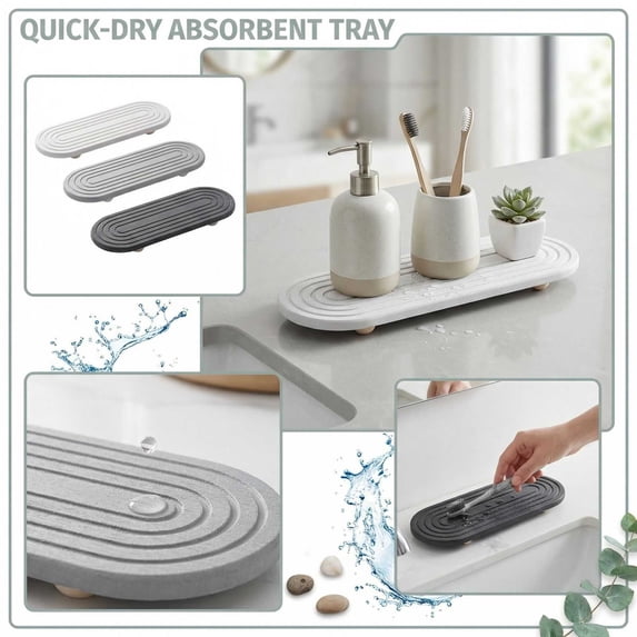 Kitchen Sink Organizer, Toothbrush Holder Tray Cup Mat, Water Absorbing Sink Pad for Bathroom Counter Washbasin, Quick Dry Stone Organizer Tray,Dark Gray, 1Pcs