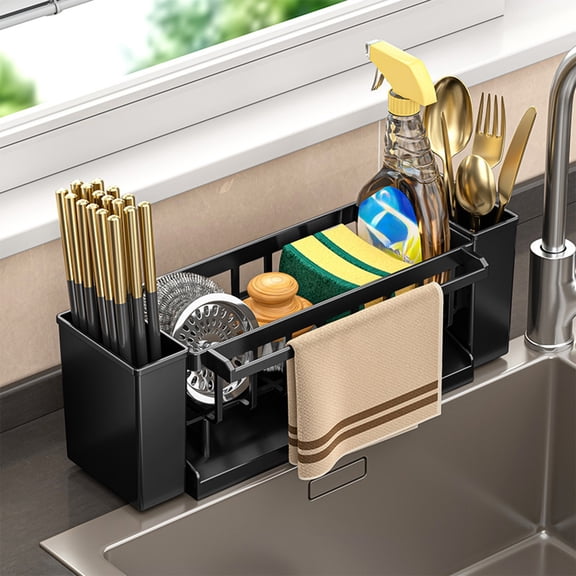 Kitchen Sink Rack - Stainless Steel Countertop Storage, Holds Sponges/Soap, Rust-Resistant, Removable Water Tray, Space-Saving, Keeps Countertop Dry & Tidy, 1pc