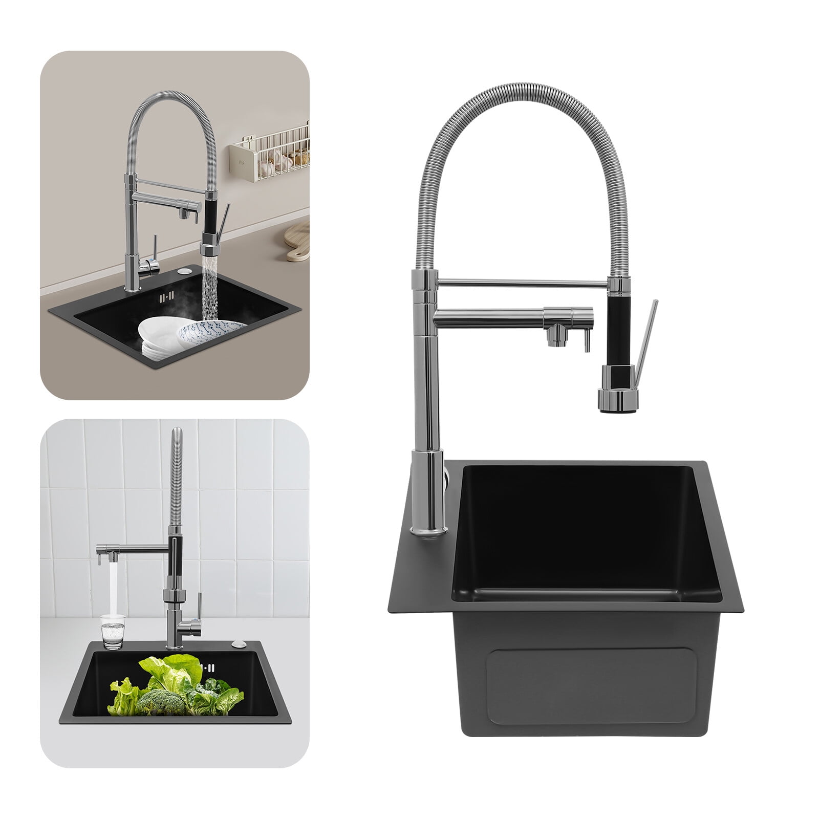 Kitchen Sink Single Handle Stainless Steel Faucet with Pull Down Sprayer(Silver)
