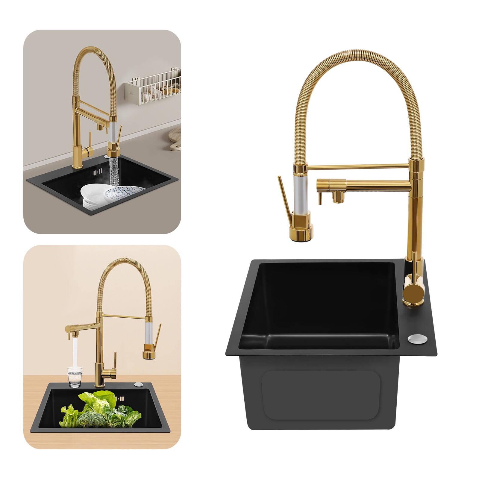 Kitchen Sink Single Handle Stainless Steel Faucet with Pull Down Sprayer(Titanium Gold)