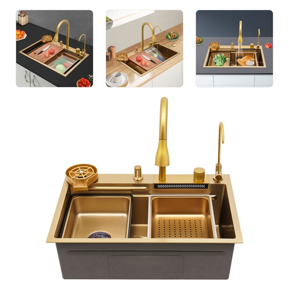 Kitchen Sink, Sink, 68cm Gold Utility Sink, 201 Stainless Steel, Brushed Finish, Elegant, Fast Drainage in Corner, Large Deep Bowl, Nested Basket for Rinse Thaw, Rustproof, Impact Durable