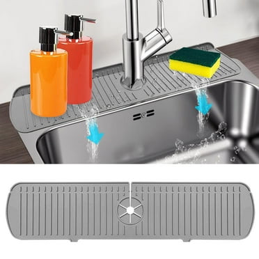 Kitchen Sink Splash Guard, EEEkit 24inch Silicone Faucet Handle Drip Catcher Tray Mat, Dish Soap Dispenser Sponge Holder, Sink Accessories for Kitchen Counter and Bathroom, Gray/Off White