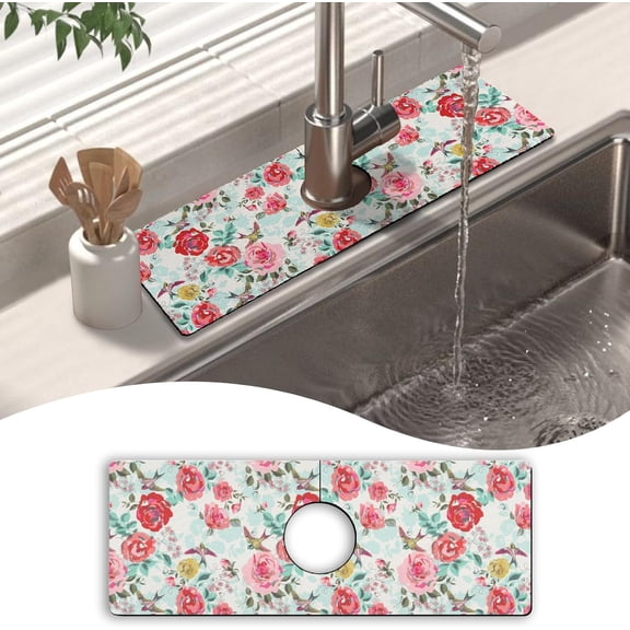Kitchen Sink Splash Guard Faucet Mat 15" X 5.5" Floral Farmhouse Absorbent Fast Drying Mat Faucet Draining Mat Sink Splash Guard Behind Faucet Drip Catcher for Kitchen Bathroom