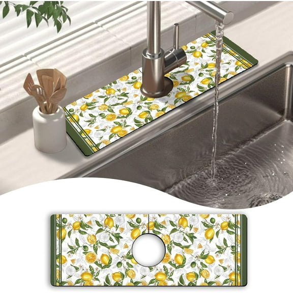 Kitchen Sink Splash Guard Faucet Mat 15" X 5.5" Lemon Farmhouse Absorbent Fast Drying Mat Faucet Draining Mat Sink Splash Guard Behind Faucet Drip Catcher for Kitchen Bathroom