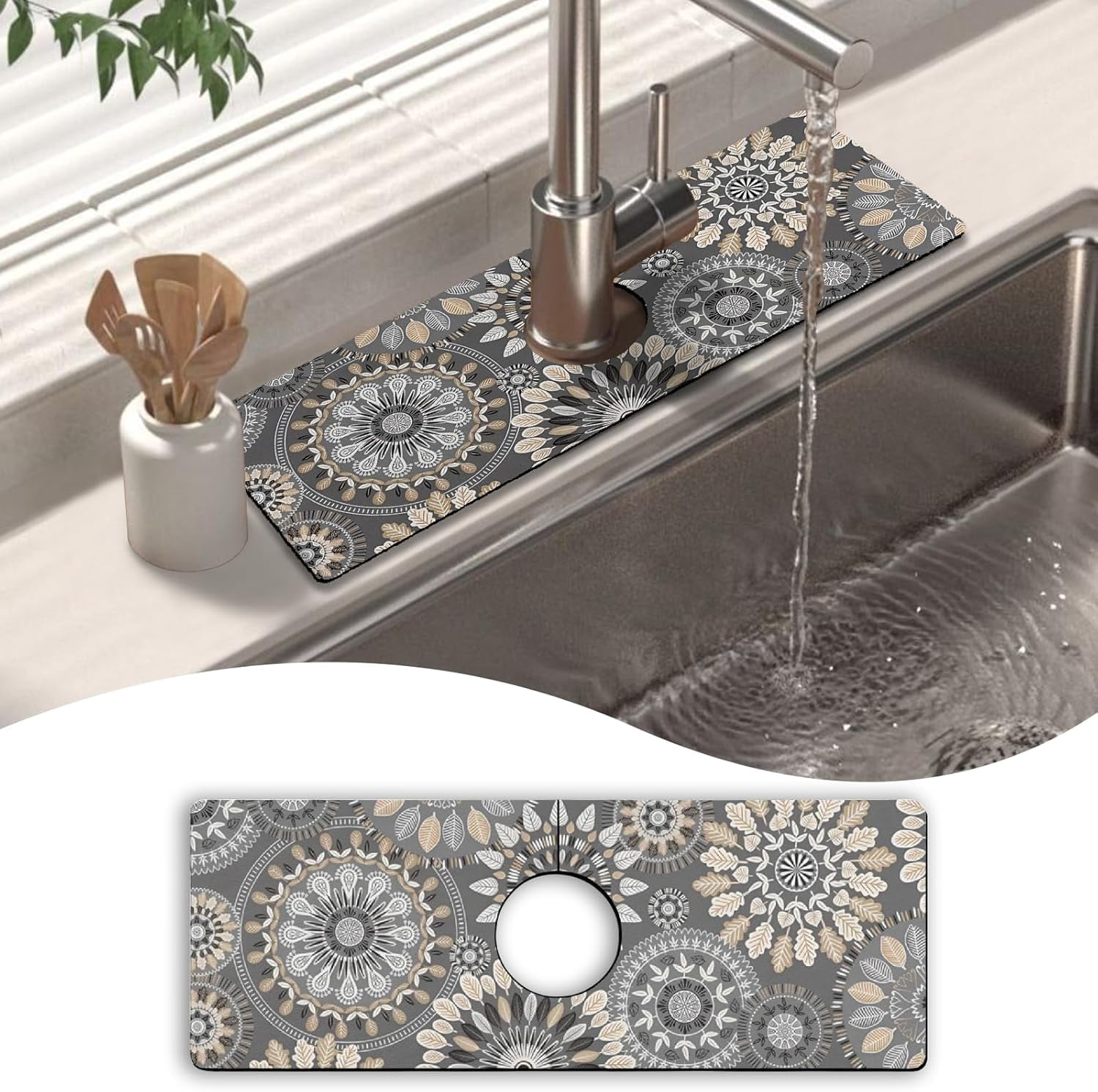 Kitchen Sink Splash Guard Faucet Mat 15" X 5.5" Mandala Absorbent Fast