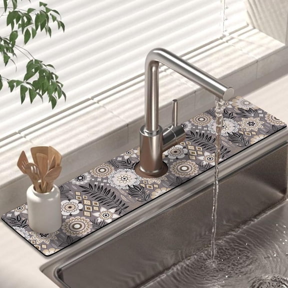 Kitchen Sink Splash Guard Faucet Mat 24" X 5.5" Boho Floral Absorbent Fast Drying Mat Faucet Draining Mat Sink Splash Guard Behind Faucet Drip Catcher for Kitchen Bathroom