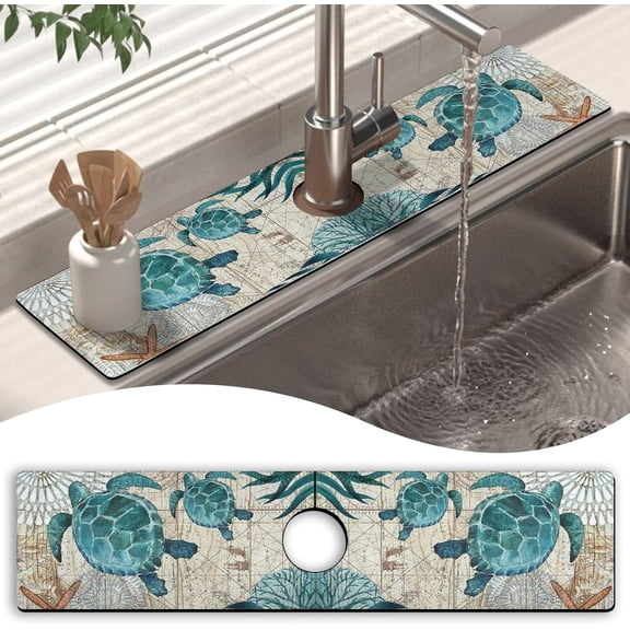 Kitchen Sink Splash Guard Faucet Mat 24" X 5.5" Sea Turtle Absorbent Fast Drying Mat Faucet Draining Mat Sink Splash Guard Behind Faucet Drip Catcher for Kitchen Bathroom