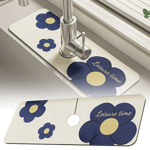 Kitchen Sink Splash Guard Faucet Mat, Super Absorbent Fast Drying Faucet Draining Mat, 15" x 6" Floral Pattern Absorbent Sink Mat, for Kitchen Sink Bathroom Countertop Sink Water Stain Protection
