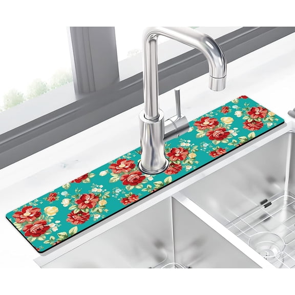 Kitchen Sink Splash Guard Faucet Mat Super Absorbent Fast Drying Mat Sink Gadgets Splash Guard Behind Faucet Drip Catcher for Kitchen (Boho Flowers, 23.5x5.5in)