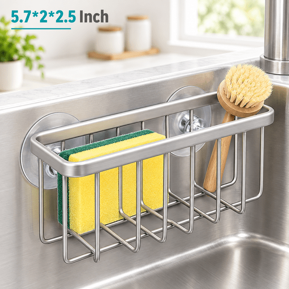 Kitchen Sink Sponge Holder, 5.7 x 2 x 2.5 Inch, Rustproof Metal Sink Caddy for Dish Sponge, Scrubber, Brush and Drain Stopper, Space Saving Sink Organizer for Countertop in Silver Finish