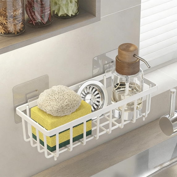 Kitchen Sink Sponge Holder with Auto-Drain Tray and Towel Rod, Non-Slip Soap Caddy Organizer – Large Capacity Sink Caddy for Sponges Brushes Soap Stopper Countertop Storage