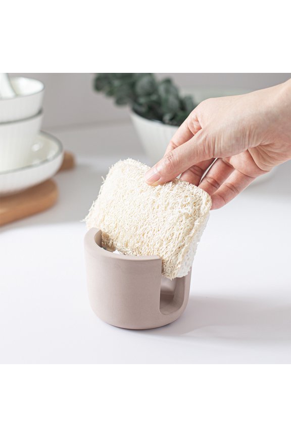 Kitchen Sink Sponge Holder Organizer Rack | Ceramic Countertop Dish Soap Storage | Compact Space-Saving Drainer | Durable Towel Cloth Stand | Beige Brown Gray | 8.5x8.5x6.5cm | 1 Piece
