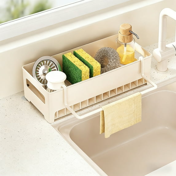 Kitchen Sink Sponge Holder and Storage Rack,Multi-Functional Draining Organizer with Hook for Soap Dish Brush and Cleaning Accessories,Space Saving Practical Rack for Kitchen and Bathroom-White