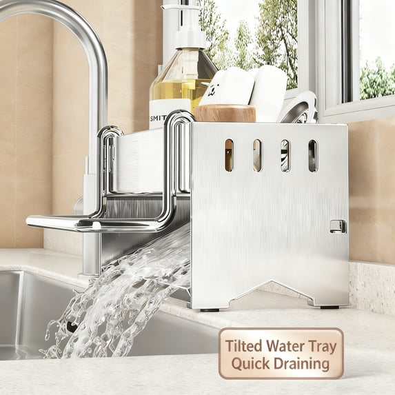Kitchen Sink Sponge Holder with Towel Bar, Stainless Steel Soap Dispenser & Scrubber Organizer Rack, Countertop Drain Basket