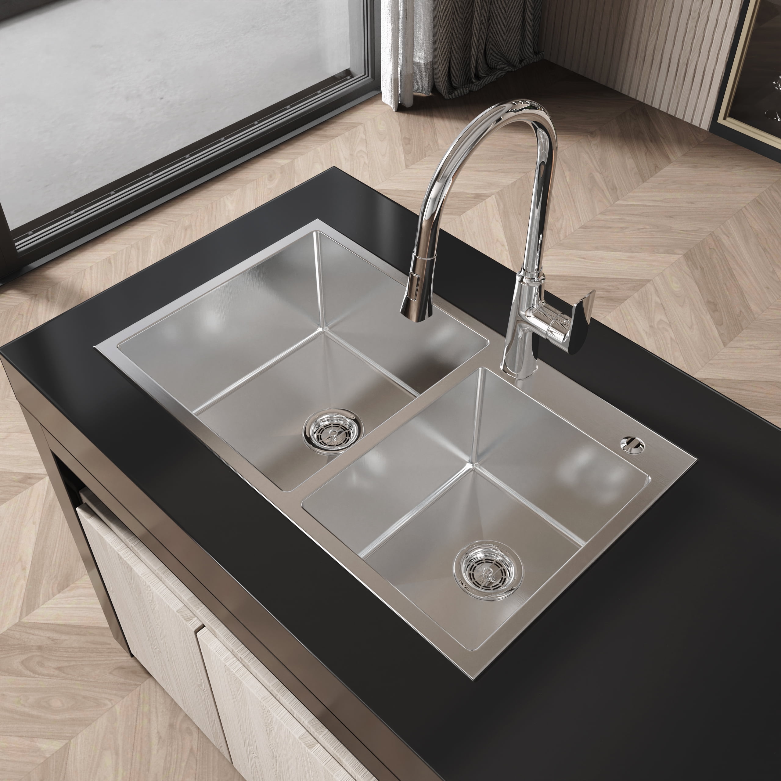 Kitchen Sink Stainless Steel Kitchen Sink, 32″x19″ Double Bowl in Brushed Nickel, Overmount Handmade Sink, with US Standard Drain and Hook, LS-SSBR03,Stainless Steel Kitchen Sink