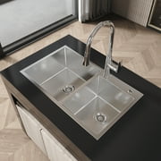Kitchen Sink Stainless Steel Kitchen Sink, 32″x19″ Double Bowl in Brushed Nickel, Overmount Handmade Sink, with US Standard Drain and Hook, LS-SSBR03,Stainless Steel Kitchen Sink