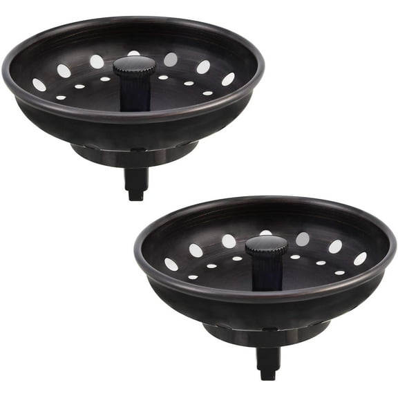 Kitchen Sink Stopper and Strainer Oil Rubbed Bronze Sink Basket Strainer Replacement for Standard 3-1/2 inch Drain, with Metal Center Knob and Rubber Drain Stopper Black 2Pcs