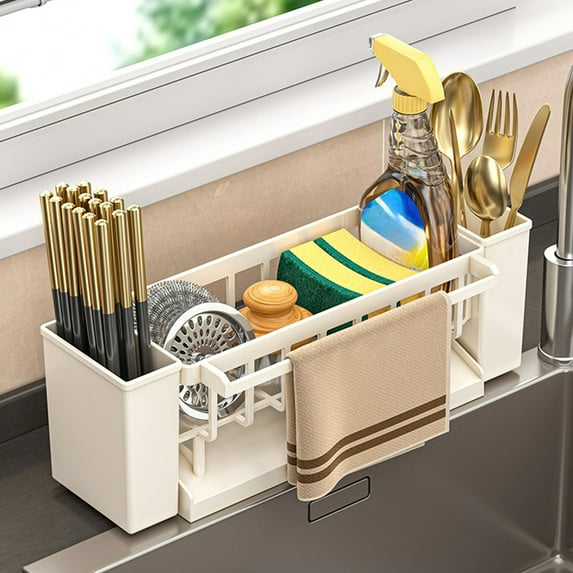Kitchen Sink Storage Rack - 12.2x4.3x3.5" Organizer with Draining Tray, Counter Holders for Sponge & Brush, Storage Container