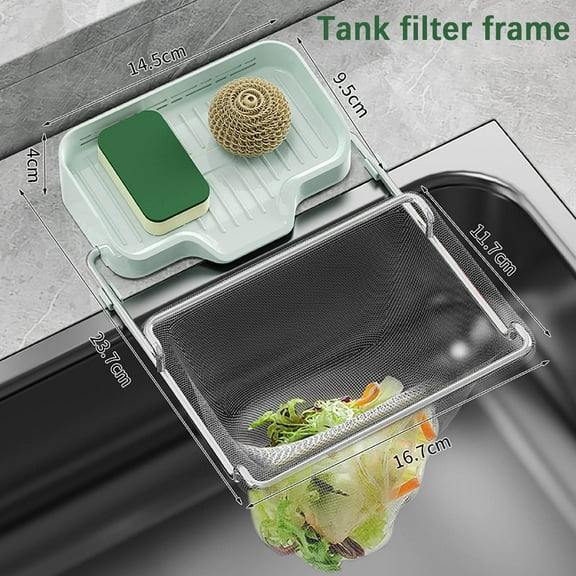 Kitchen Sink Strainer Basket with Hanging Hook, 3-in-1 Fine Mesh Drain Catcher for Food Scraps, Veggie Colander & Sponge Holder, Includes 50 Disposable Filter Bags