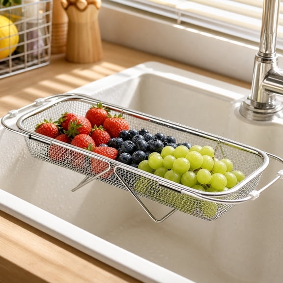 Kitchen Sink Strainer Basket, Stainless Steel Collapsible Dish Rack, Telescopic Sink Draining Rack for Dishes Utensils Vegetables, Multi-Functional Extendable Drying Rack