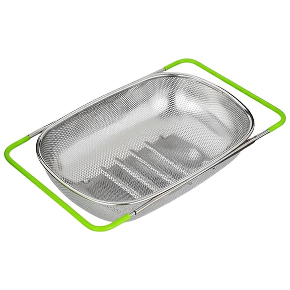 Kitchen Sink Strainer Basket, Stainless Steel Sink Colander, Adjustable Over Sink Rack, Bright Green Handles, Fine Mesh Construction, Rice Washing, Vegetable Draining, Compact