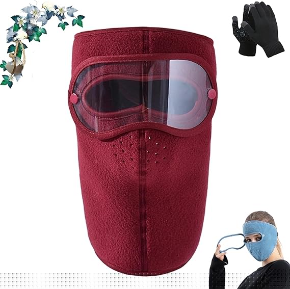 Winter Warm Fleece Windproof High-Definition Goggles, Windproof HD Goggles and Anti-Fog Face Mask, for Cold Weather Outdoor(Red)