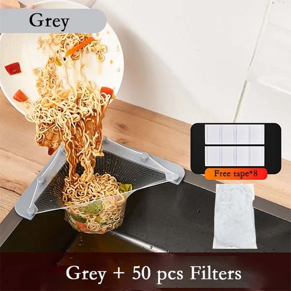 Kitchen Sink Strainer with Disposable Bags, Corner Stand Food Debris Catcher to Prevent Clogs, 50 Bags Included