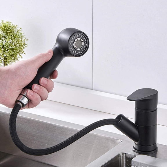Kitchen Sink Taps with Pull Out Spray Hot and Cold Low Profile Retractable Inward Opening Window Brass 2 Modes Kitchen Faucet-Black