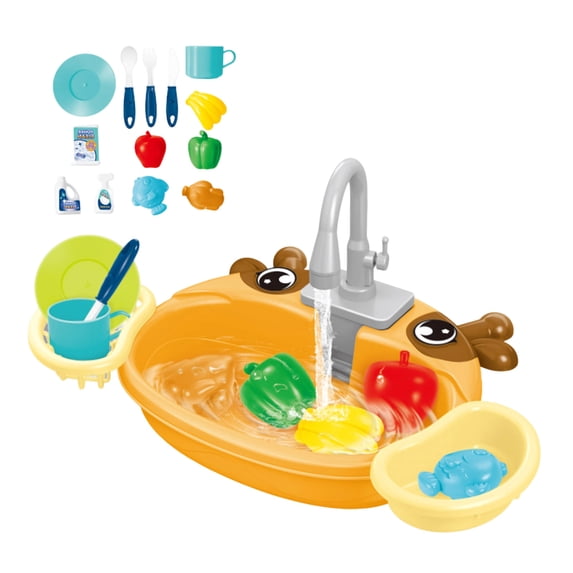 Kitchen Sink Toy with Running Water, Animal Theme Play Dishwasher, Role Play Pretend Play Kitchen Accessories, Automatic Water Circulation, Educational Toddler Toy
