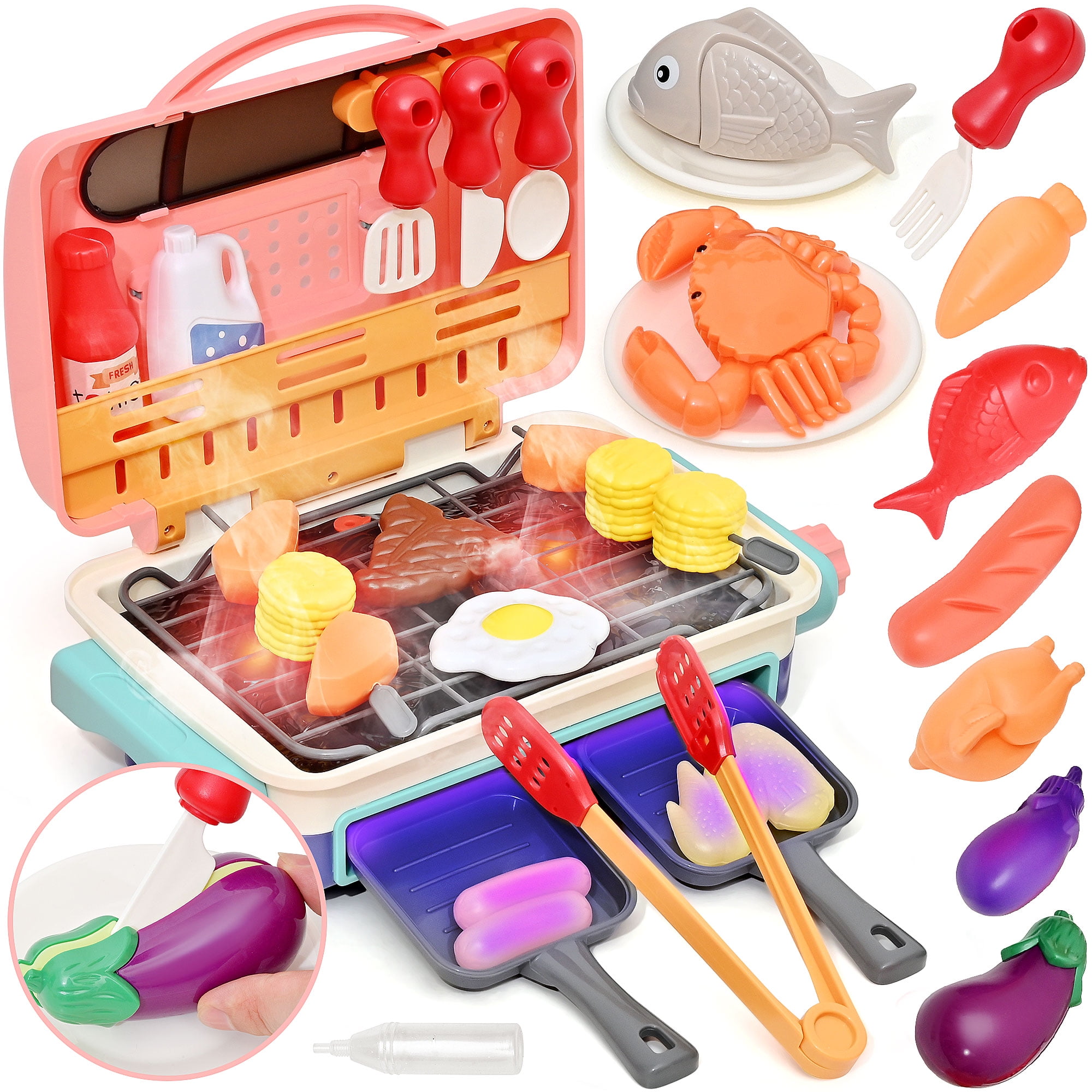 Barbecue Grill Toy Set, Kids BBQ Kitchen Play Set with Smoke/Sound, Pretend Play BBQ Play Set Accessories Camping Cooking for Toddlers Girls and Boys Ages 3-12