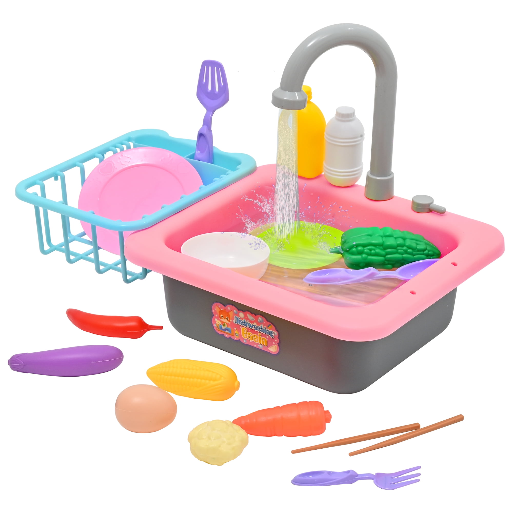  Foxswov Kitchen Play Sink Toys, Fun & Educative Kids Toy Sink,  Electric Dishwasher Playing Toy with Running Water for Toddler - 20 Piece  Pretend Play Toy for Boys and Girls 