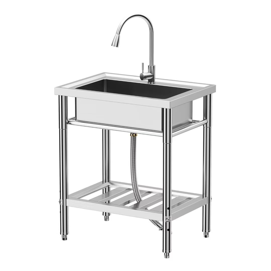 Kitchen Sink Utility Sink Commercial Stainless Steel Freestanding Sink w/Faucet, Hot & Cold Hoses, Single Bowl, NSF Certificated, for Restaurant, Laundry, Garage, Workshop Sink
