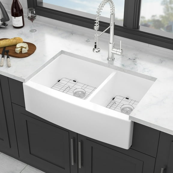 Kitchen Sink White Farmhouse Sink - 33 inch White Ceramic Double Bowl 60/40 Farm Kitchen Sink,Stainless Steel Kitchen Sink