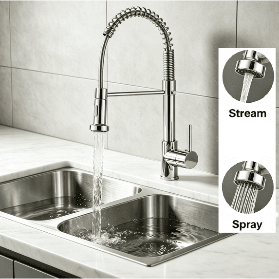 Kitchen Sink with Pull Down Sprayer, Single Handle with 2 Spout Modes, Hot And Cold Mixer Tap Suit to 1 Hole, Chrome