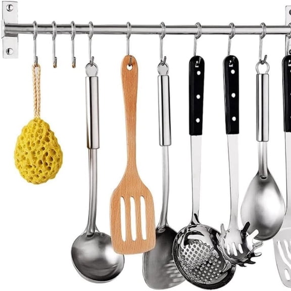 Kitchen Sliding Hooks, Stainless Steel Hanging Rack Rail Organize Kitchen Utensil Removable S Hook for Towel, Spoon, Coats, Bathrobe, BBQ,Wall Mounted Hanger (10 Hooks 23.6In)