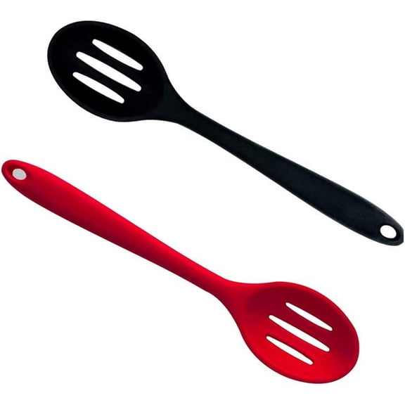 Kitchen Slotted Spoon, 2 Pcs Silicone Spoon Heat Resistant, Non Scratch Cooking Spoons Set for Stirring, Scooping and Mixing, RED BLACK,M (QTINDAI-02)