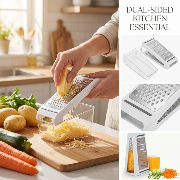Kitchen Small Tool, Cheese Grater with Container, Stainless Steel Cheese Grater Handheld, Double Sided Vegetable Shredder Potato Slicer, Bpa Free Clear Container, 9X6X4 in Size,