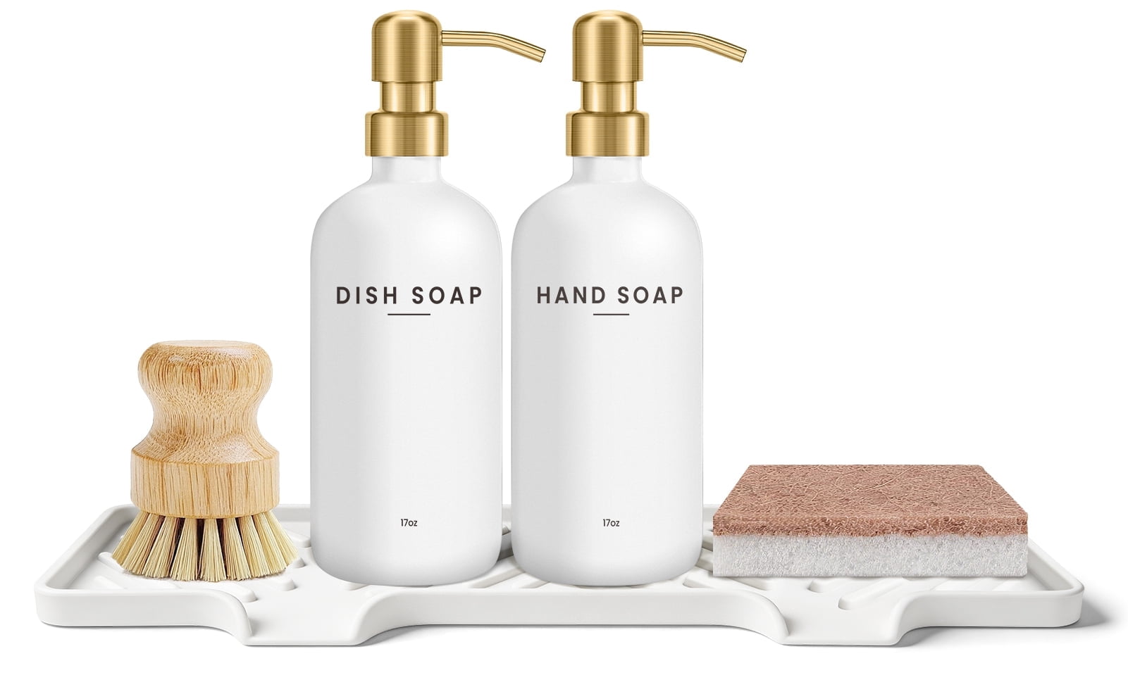 Kitchen Soap Dispenser Set - 17fl oz Glass Bottle, Stainless Steel Pump, Instant Dry Tray and Dish Brush for Bathroom, Office, Hotel, Modern Kitchen Decor & Accessories, Gold