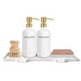 thumbnail image 1 of Kitchen Soap Dispenser Set - 17fl oz Glass Bottle, Stainless Steel Pump, Instant Dry Tray and Dish Brush for Bathroom, Office, Hotel, Modern Kitchen Decor & Accessories, Gold, 1 of 10