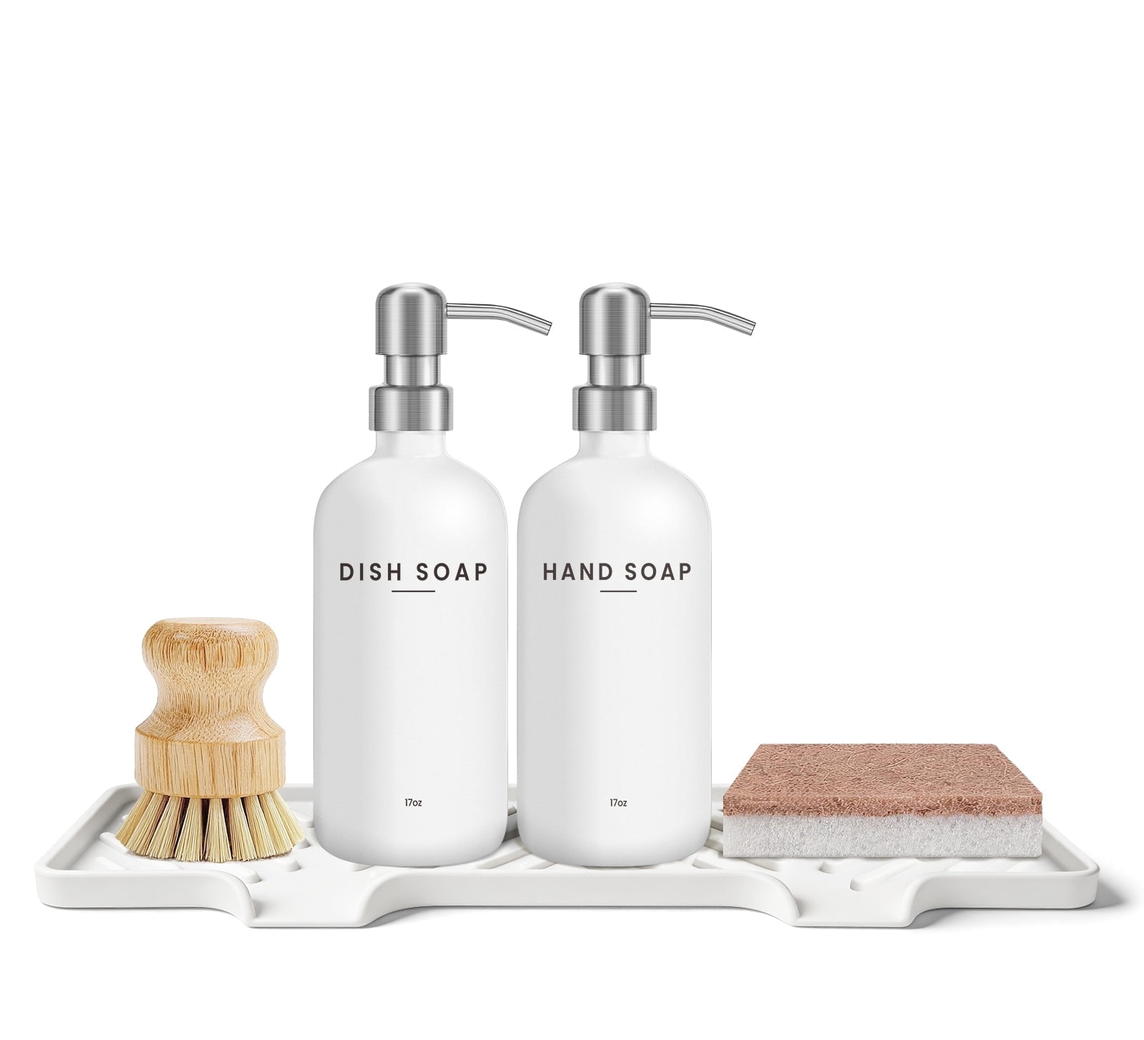 Kitchen Soap Dispenser Set - 17fl oz Glass Bottle, Stainless Steel Pump, Instant Dry Tray and Dish Brush for Bathroom, Office, Hotel, Modern Kitchen Decor & Accessories, Silver