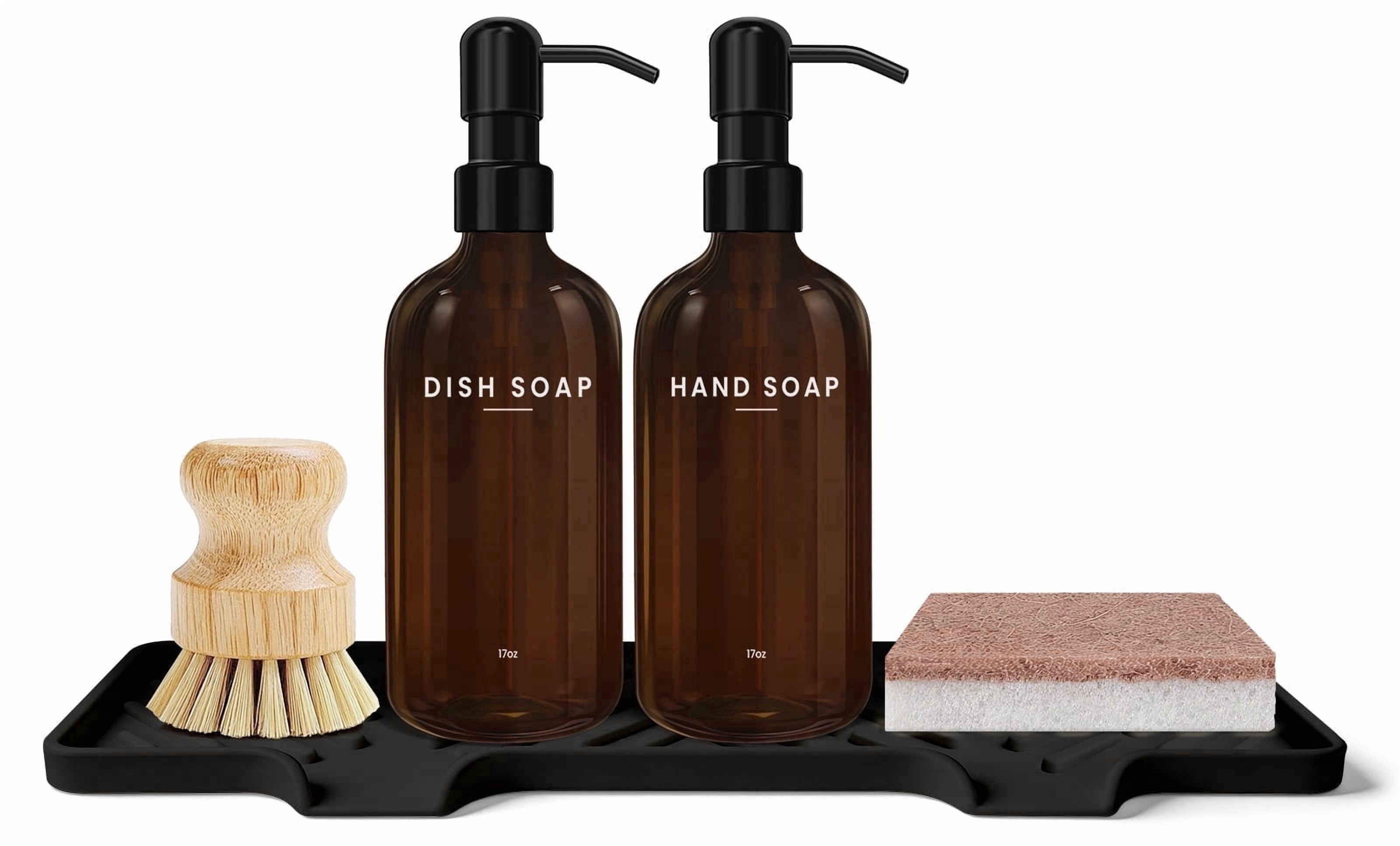 Kitchen Soap Dispenser Set - 17fl oz Glass Bottle, Stainless Steel Pump, Instant Dry Tray and Dish Brush for Bathroom, Office, Hotel, Modern Kitchen Decor & Accessories, Brown