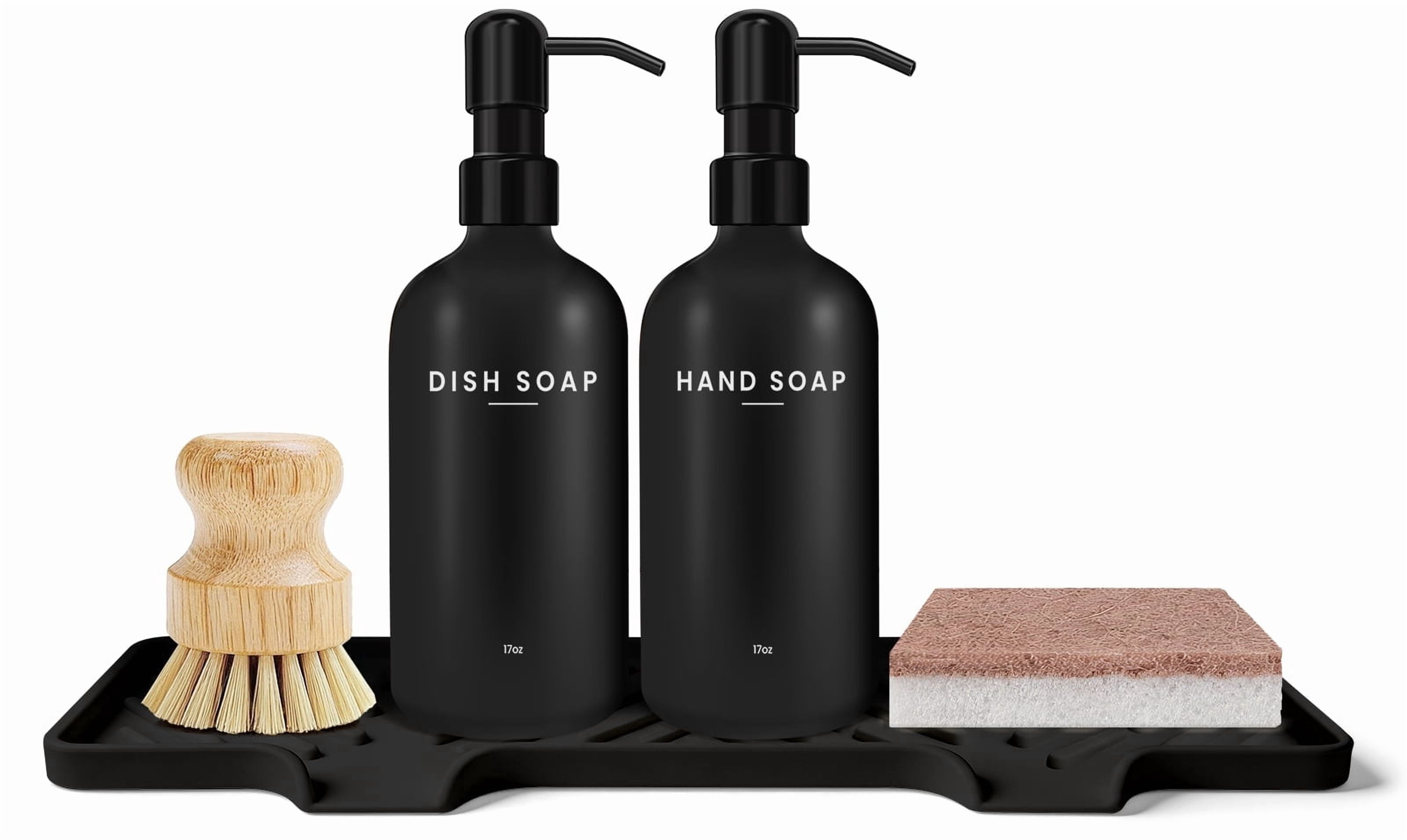 Kitchen Soap Dispenser Set - 17fl oz Glass Bottle, Stainless Steel Pump, Instant Dry Tray and Dish Brush for Bathroom, Office, Hotel, Modern Kitchen Decor & Accessories, Black