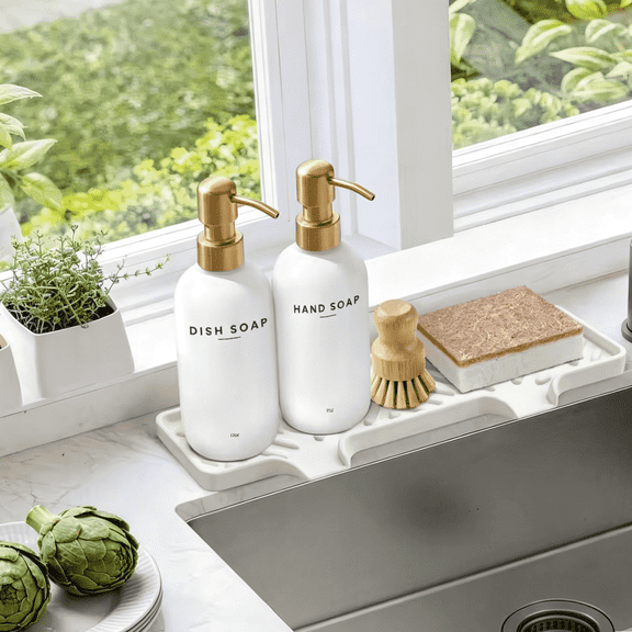 Kitchen Soap Dispenser Set: 17oz Glass Dish and Hand Soap Dispenser with Stainless Steel Pump, Instant Dry Tray, Dish Brush & Sponge, Refillable Countertop Sink Decor for Kitchen & Bath, White-Gold