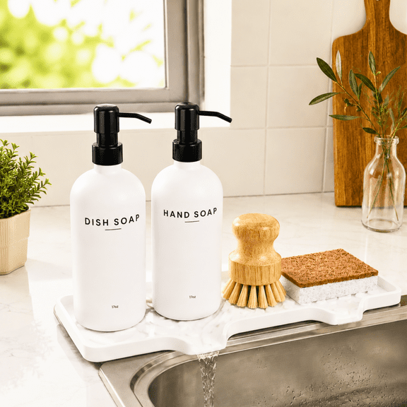 Kitchen Soap Dispenser Set: 17oz Glass Dish and Hand Soap Dispenser with Stainless Steel Pump, Instant Dry Tray, Dish Brush & Sponge, Refillable Countertop Sink Decor for Kitchen & Bath, White-Black